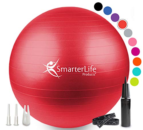 SmarterLife Workout Exercise Ball for Fitness, Yoga, Balance, Stability, or Birthing, Great as Yoga Ball Chair for Office or Exercise Gym Equipment for Home, Non-Slip Design (45 cm, Red)