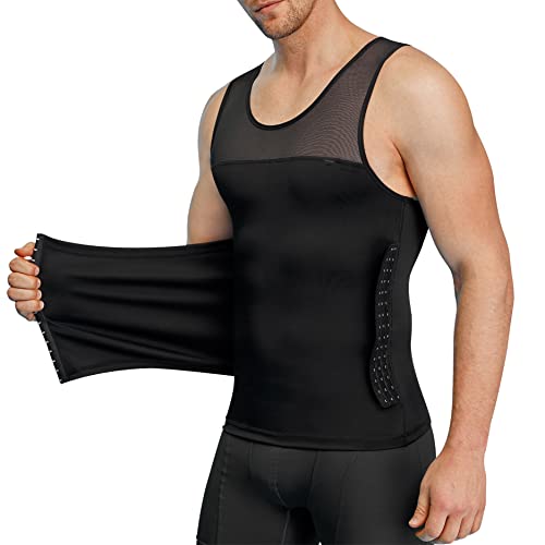 Men Body Shaper Slimming Vest Tight Tank Top Compression Shirt Tummy Control Underwear Moobs Binder (Black, XL)