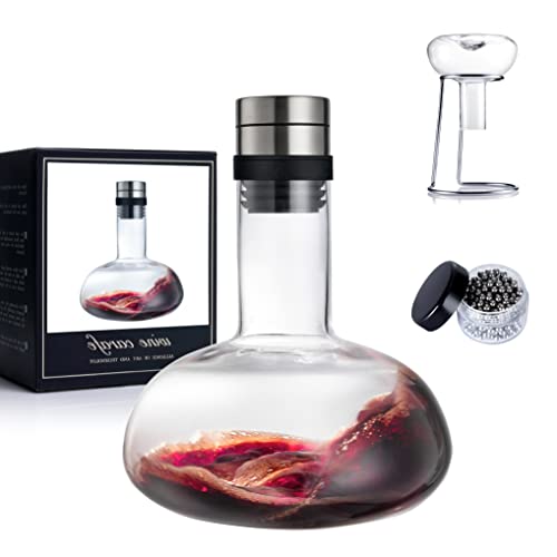 YouYah Wine Decanter Set,Red Wine Carafe with Drying Stand,Cleaning Beads and Aerator Lid,Crystal Glass,Wine Aerator,100% Hand-blown,Wine Gifts for Men (1300ML)