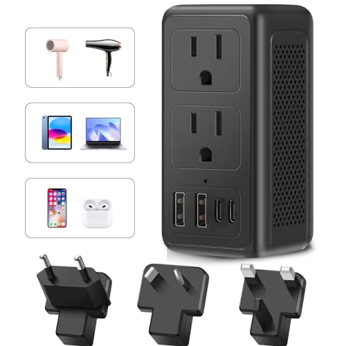 220V to 110V Voltage Converter US to Europe Travel Plug Adapter for Hair Dryer International Universal Travel Adapter with 2 USB A and 2 USB C, Power Converter Adapter Combo for US/EU/UK/AUS