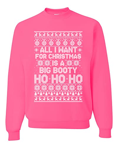 Wild Bobby All I Want for Christmas is a Big Booty Ho Funny Xmas Ugly Christmas Sweater Unisex Crewneck Sweatshirt, Neon Pink, Large