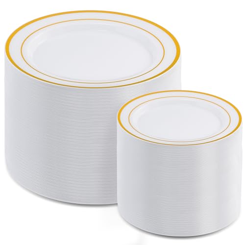 AOZITA 200 Pieces Disposable Gold Plastic Plates for Party, Premium Heavy Duty Plastic Plates - 100 Plastic Dinner Plates and 100 Dessert Appetizer Plates for Party Wedding