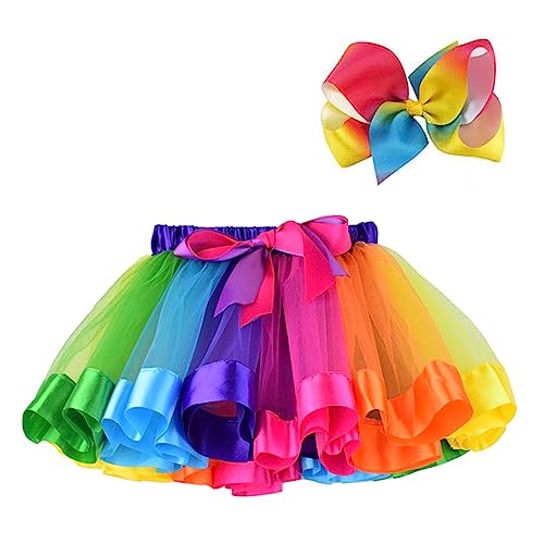 BGFKS Layered Ballet Tulle Rainbow Tutu Skirt for Little Girls Dress Up with Colorful Hair Bows (Rainbow,4-8X)