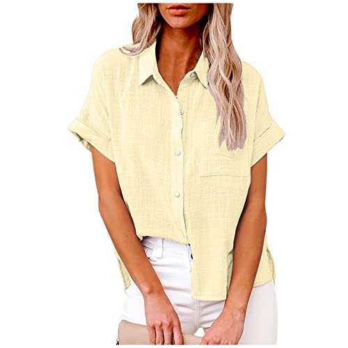 Ceboyel Women 2024 Causal Summer Blouses Button Down Short Sleeve Shirts Gauze Cotton Linen Tops Vacation Trendy Outfits Womens Summer Tops 2024 Beige L