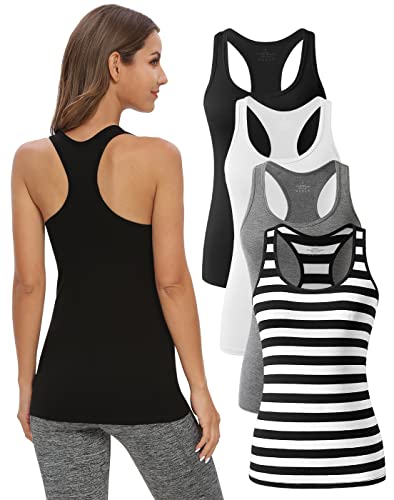 Star Vibe Racerback Workout Tank Tops for Women Basic Athletic Tanks Yoga Shirt Sleeveless Exercise Tops 4 Pack Black Grey White Black Stripe L