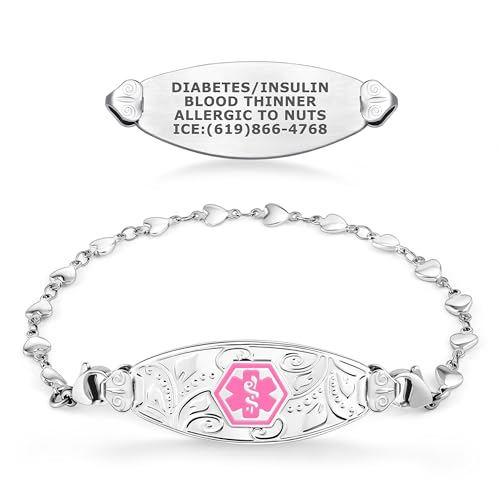 Divoti Custom Engraved Lovely Filigree Medical Alert ID Bracelets for Women with Heart Link Chains – Pink-7.5'