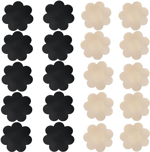 Nippleless Cover, 20 Pairs Nipple Covers Self-Adhesive Disposable Bra Gel Petals Pad Pasties (Beige 10 Pairs + Black 10 Pairs)