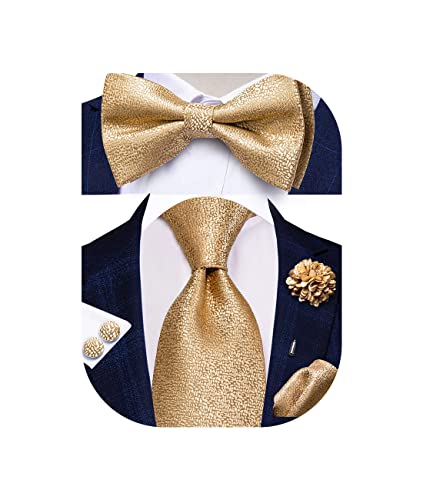 Hi-Tie 6pcs Tie Set Silk Gold Necktie Pretied Bowtie Pocket Square Cufflinks Lapel Pin