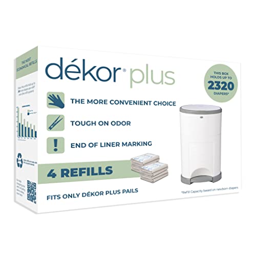 Diaper Dekor Plus Diaper Pail Refills | 4 Count | Most Economical Refill System | Quick & Easy to Replace | No Preset Bag Size Use Only What You Need | Exclusive End-of-Liner Marking