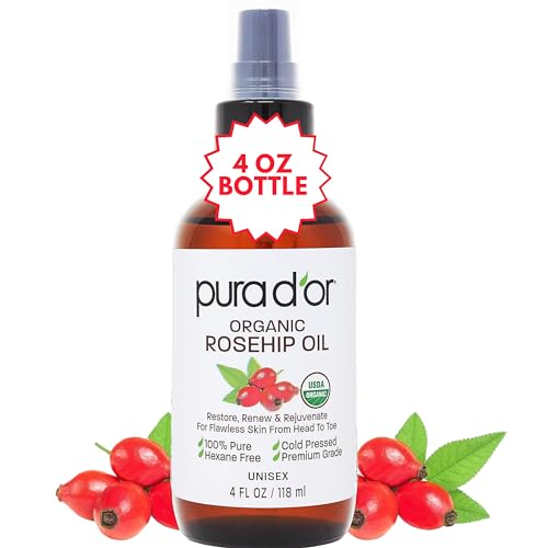 PURA D'OR 4 Oz ORGANIC Rosehip Seed Oil Hair Relaxer 100% Pure Cold Pressed USDA Certified All Natural For Anti-Aging, Acne Scar Treatment, Gua Sha Massage, Face, Hair & Skin - Women & Men