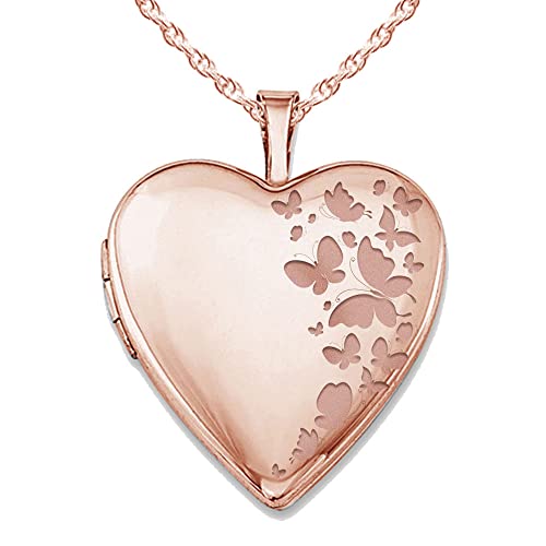 PicturesOnGold.com Personalized Rose Gold Butterflies Heart Photo Locket Necklace for Women - 3/4 inch x 3/4 inch, Rose Gold, Locket Only