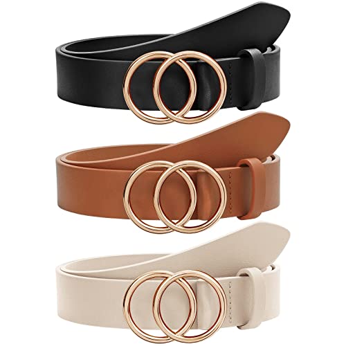 SANSTHS 3 Pack Women Leather Belts Faux Leather Jeans Belt with Double O-Ring Buckle Size up to 58 inch (J-(Black +Brown + Beige) 3 Pack, M)