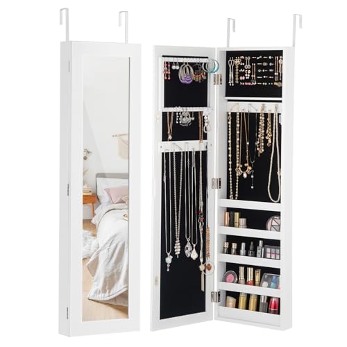 LOKO Mirrored Jewelry Armoire, Wall/Door Mounted Jewelry Cabinet with Full-Length Mirror, Cosmetics Storage Organizer with 16 Necklace & Bracelet Hooks, 2 Earring Shelves, 60 Ring Slots, White