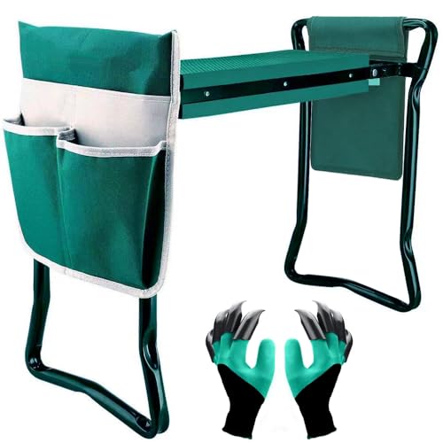 Garden Kneeler and Seat,with 2 Tool Bags Pouches and Claw Gloves,Portable Lightweight Garden Bench Thicken EVA Foam Pad Sturdy Steel Pipe Practical Garden Tools(Green)