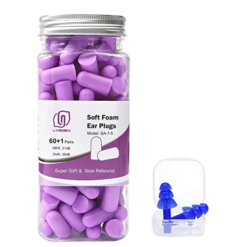 LYSIAN Ultra Soft Foam Earplugs Sleep - 38dB SNR Noise Cancelling Ear Plugs for Sleeping, Shooting, Snoring, Work Loud Sound Reduction- 60 Pairs Valued Pack,Purple