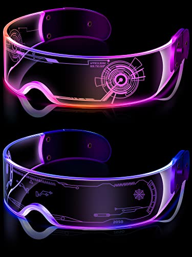 TOODOO 2 Pairs LED Visor Glasses 7 Colors Futuristic Glasses 4 Modes Light Up Glasses Honeycomb Luminous Glasses for Adults (Vivid Style)