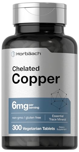 Horbaach Chelated Copper Supplement 6mg | 300 Tablets | Essential Trace Mineral | Vegetarian, Non-GMO, Gluten Free