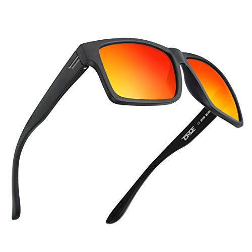 TOROE All Black Square TR90 Frame Polarized Sunglasses with Anti Reflective Water Repellent Polycarbonate Lenses (Matte Black Frame, Fire Red Mirror (Category 3))