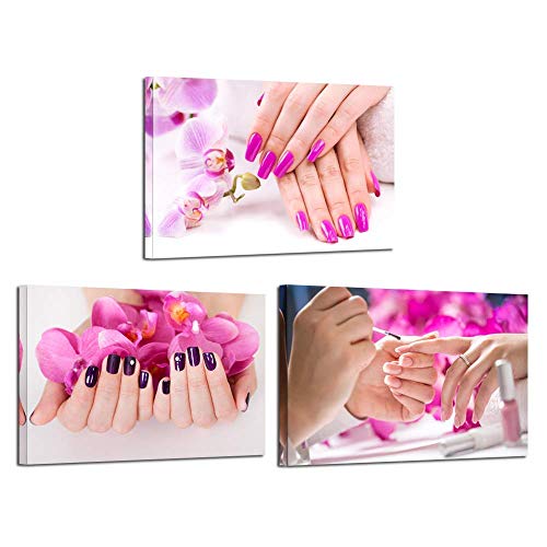 KREATIVE ARTS 3 Pieces Canvas Prints Purple Orchid Flowers Nail-Painting Wall Art Hands Spa Pictures Beauty Salon Manicure Posters Printed On Canvas for Nail Salon Walls Decor 16x24inchx3pcs