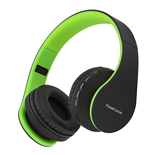 PowerLocus Wireless Bluetooth Over-Ear Stereo Foldable Headphones, Wired Headsets Rechargeable with Built-in Microphone for iPhone, Samsung, LG, iPad (Black/Green)