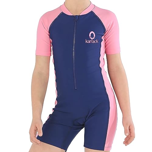 karrack Girls and Boys One Piece Rash Guard Swimsuit Kid Water Sport Short Swimsuit UPF 50+ Sun Protection Bathing Suits Blue-Pink