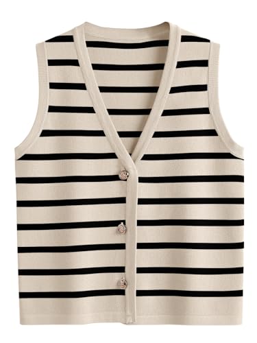 LILLUSORY Vest Tops for Women Striped Sweater Vest 2024 Fall Crochet Cropped Button Up Work Tank Top Outfits Y2K Clothes