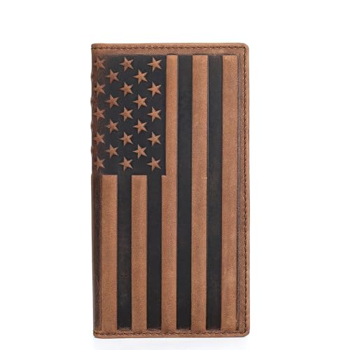 QIHEOS Checkbook Cover American Flag Wallet for Men Leather Rodeo Wallet Mens Gift (Brown - Long)