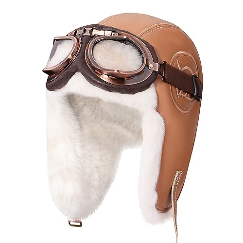 Peicees Aviator Hat with Goggles for Adult Kids Pilot Cap Vintage Goggles Costume with Fur Ear Flaps Winter Trapper Hat Warm