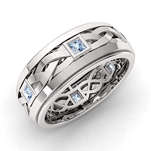 Diamondere Natural and Certified Princess Cut Aquamarine Wedding Band Ring in 14k White Gold | 0.83 Carat Celtic Knot Ring for Mens, US Size 7.5