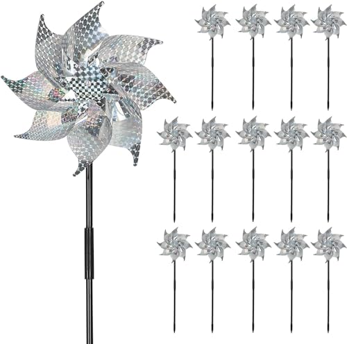 MorTime 15 Pack Reflective Pinwheels with Stakes, 18.5' Plastic Bird Blinder Sparkly Pin Wheel Scare Birds and Animals Away Spinner Pinwheels for Farm Garden Lawn Yard