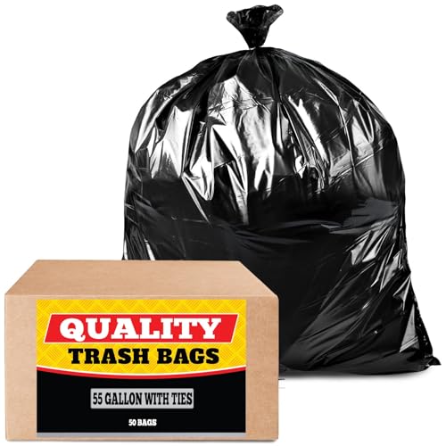 Tasker 55 Gallon Trash Bags (Value 50 Bags w/Ties) Extra Large Industrial Trash Bags 55 Gallon, Lawn and Leaf Bags, Extra Large Outdoor Contractor Trash Can Liners, 50-60 Gallon Commercial Trash Bags.