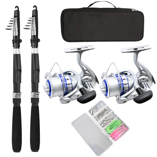 Fishing Pole Combo Set,2.1m/6.89ft 2PCS Collapsible Rods 2PCS Spinning Reels Mono Fishing line Come Setup Already！Lures Set Carrier Bag Freshwater Kit Fishing Rod Reel Combos ministoream