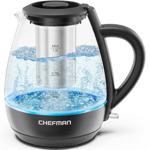Chefman Electric Kettle with Tea Infuser, 1L 1500W, Removable Lid for Easy Cleaning, Boil-Dry Protection, Stainless Steel Filter, BPA Free, Auto Shut Off Hot Water Boiler, Small Electric Tea Kettle