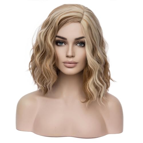 BERON Blonde Brown Wigs for Women Girls Short Curly Bob Wavy Wig Side Part Shoulder Length Hair Wig Body 14' Mixed Color Wigs Heat Resistant Synthetic Cosplay Daily Party Wigs