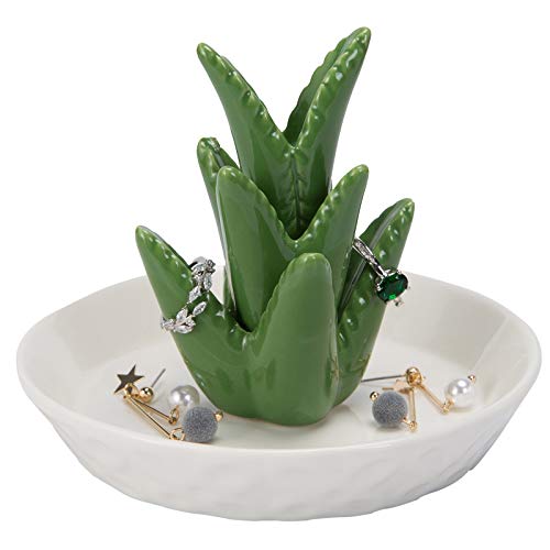 HOME SMILE Ceramic Aloe Ring Holder with Derorative White Dish Dish for Jewelry,Christmas Birthday Gifts
