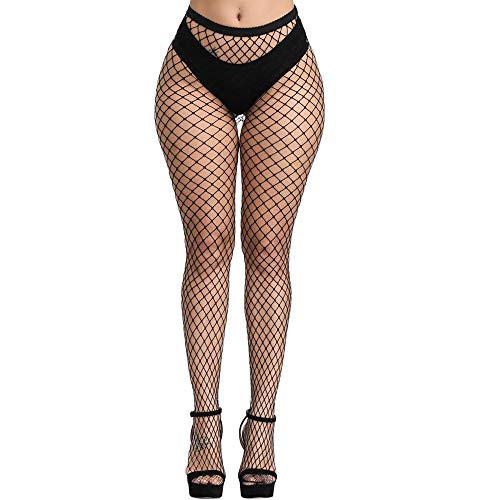 E-Laurels Womens High Waist Patterned Fishnet Tights Suspenders Pantyhose Thigh High Stockings (Black L_hole)
