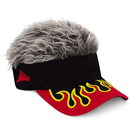 Flair Hair Sun Visor Cap with Fake Hair, Grey Hair with Red Adjustable Baseball Hat and Embroidered Flames, Red