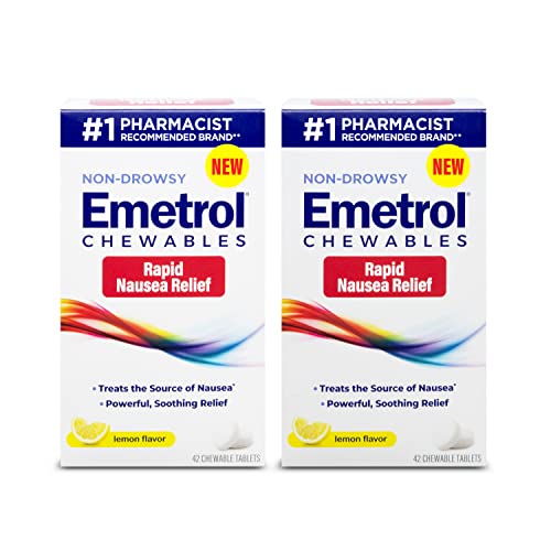 Emetrol Non-Drowsy Nausea Relief - Travel Friendly Nausea Medicine for Upset Stomach - Pharmacist Recommended Nausea Relief - Lemon Flavor, 42 Tablets - 2 Pack