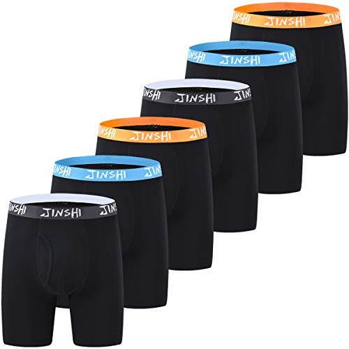 JINSHI Men's Boxer Briefs Underwear Comfy Stretch Long Leg Classic Black Boxers 6-pack Size 2XL