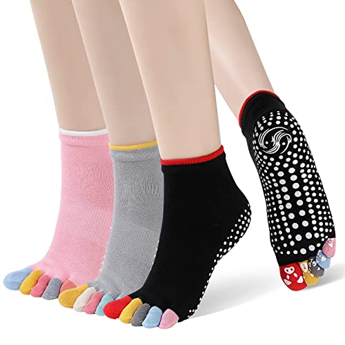 CaiDieNu Yoga Socks for Women, Non Slip Full Toe Socks with Grips for Pilates Barre Dance Ballet Hospital, 3 Pairs