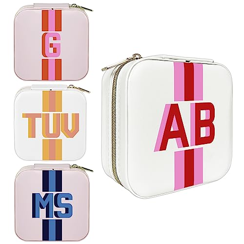 Personalized Shadow Initial Travel Jewelry Organizer, Monogram Custom Leather Case for Bridesmaid, Mother's Day, Birhday, Christmas Gift Box, Holder for Women Girls Bachelor Party (White)