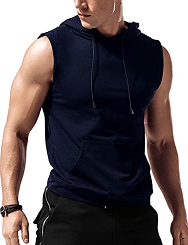 Amussiar Men's Workout Hooded Tank Tops Sleeveless Gym Hoodies Bodybuilding Muscle Sleeveless T-Shirts Navy Blue