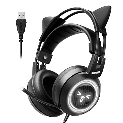 SOMIC G951black Gaming Headset for PC, PS4, Laptop: 7.1 Virtual Surround Sound Detachable Cat Ear Headphones LED, USB, Lightweight Self-Adjusting Over Ear Headphones Black
