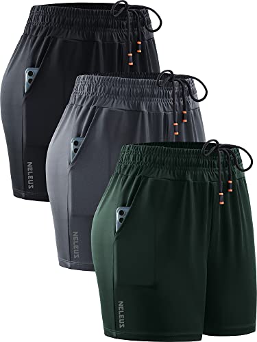 NELEUS Women's 4 Inches Running Shorts Workout Athletic Short for Yoga with Pocket,9066,Black/Grey/Blackish Green,3 Pack,Large