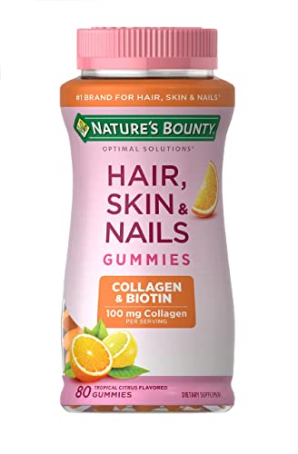 Nature's Bounty Optimal Solutions Hair, Skin & Nails with Biotin and Collagen, Citrus-Flavored Gummies Vitamin Supplement, 2500 mcg, 80 Ct