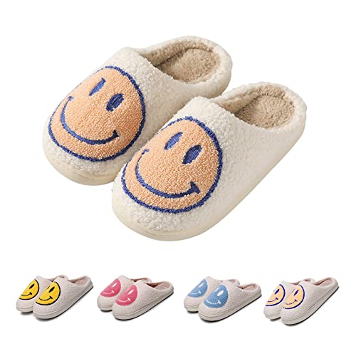FACAXEDRE Retro Happy Face Slippers, Soft Plush Comfy Preppy Women Slippers, Smile Cushion Slides, Fluffy House Slippers for Men Beige 8.5-9.5
