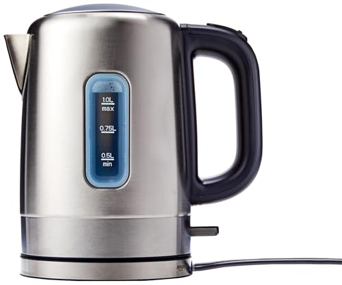 Amazon Basics Electric Kettle, Stainless Steel, Portable Fast-Boiling, Kettle for Boiling Water, Tea and Coffee, Auto Shut-Off and Boil Dry Protection, 1 Liter, Black and Silver