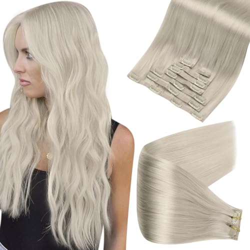 Full Shine Clip in Hair Extensions With Pu Tape Invisible White Blonde Human Hair 14 Inch Skin Weft Hair Extensions Clip ins Ice Blonde Real Human Hair Clip ins for Women Full Head 8Pcs 120Grams