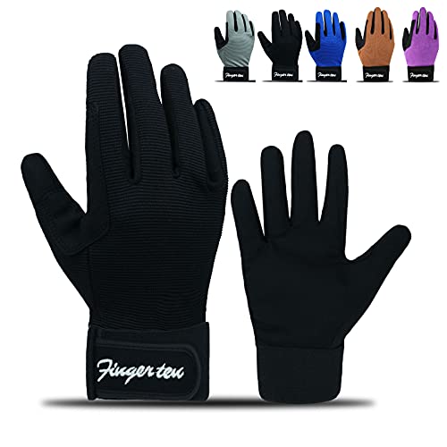 FINGER TEN Horse Riding Gloves Kids Boys Girls Youth 1 Pair, Bike Gardening Cycling Hiking Gloves Full Finger, Color Black Summer Comfortable Grip for Kid X-Large (Kids-Black, X-Large)