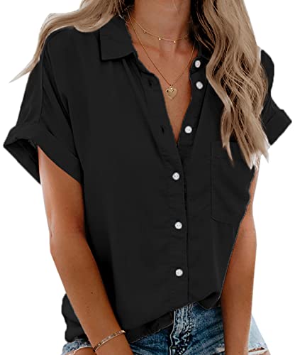 Beautife Womens Short Sleeve Shirts V Neck Collared Button Down Shirt Tops with Pockets Black